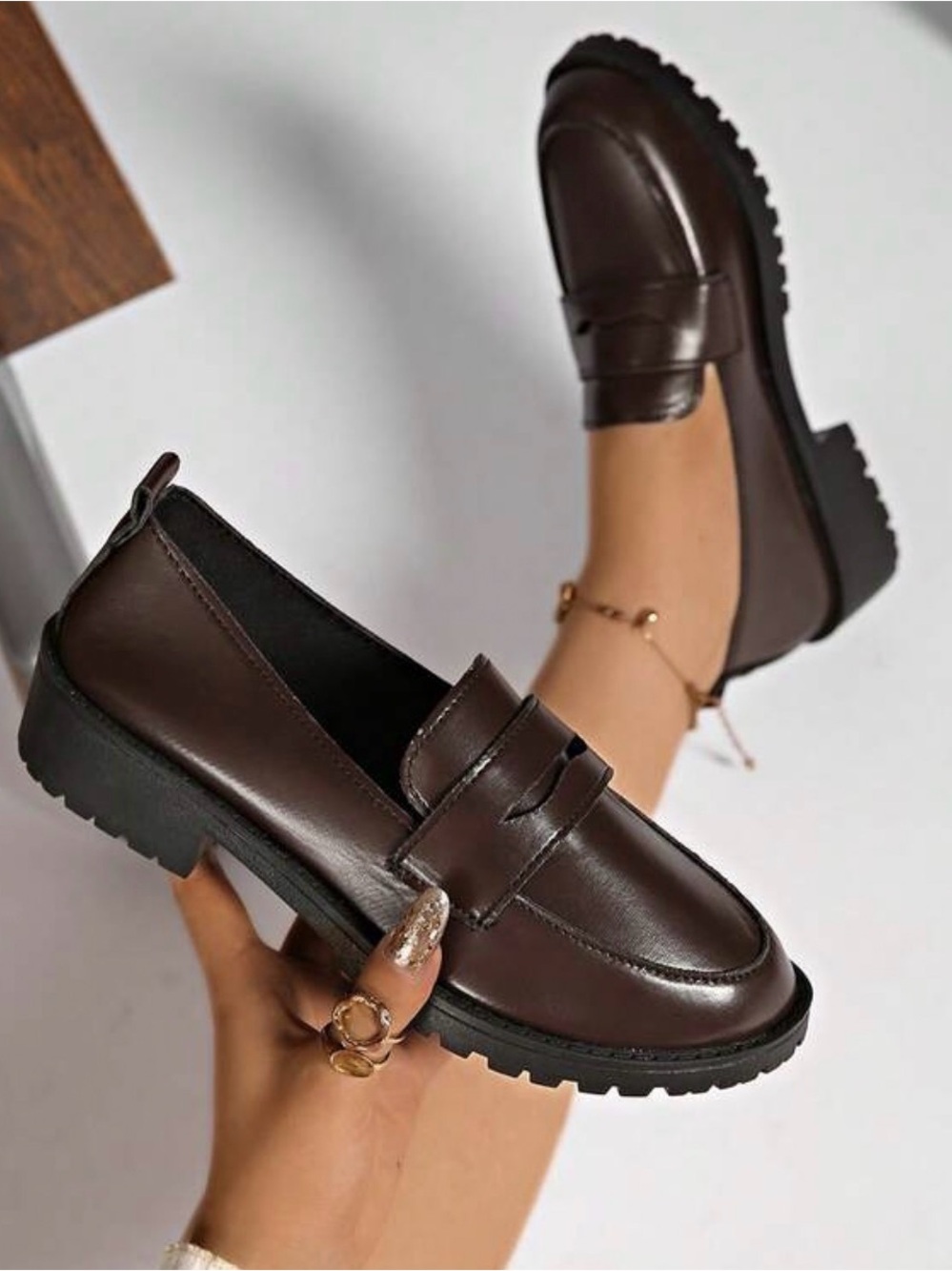 SHEIN Dark Brown Lug Sole Penny Loafers for Women
